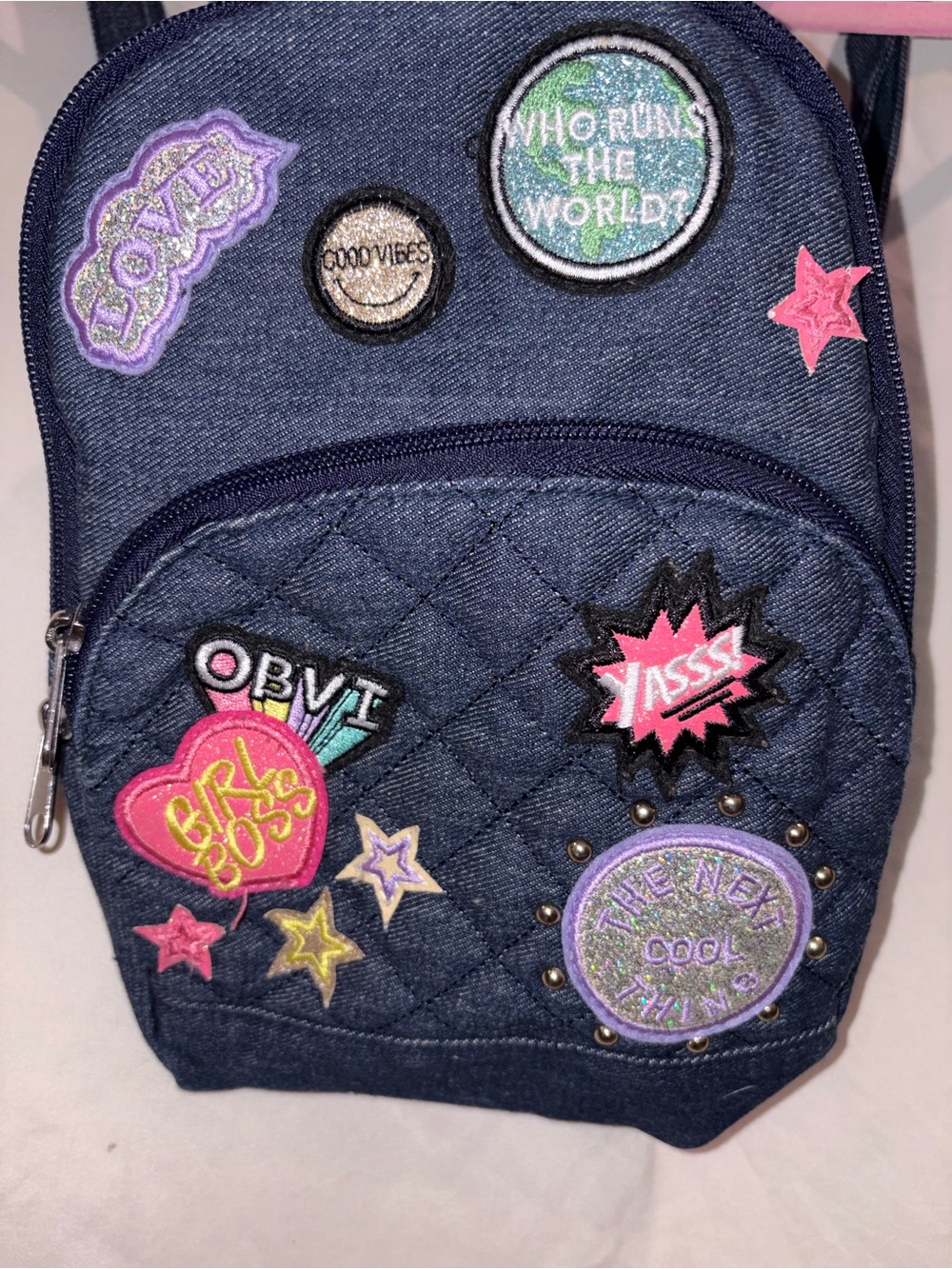 Kids Navy Quilted Patch Mini Backpack - Pink & Purple Accents